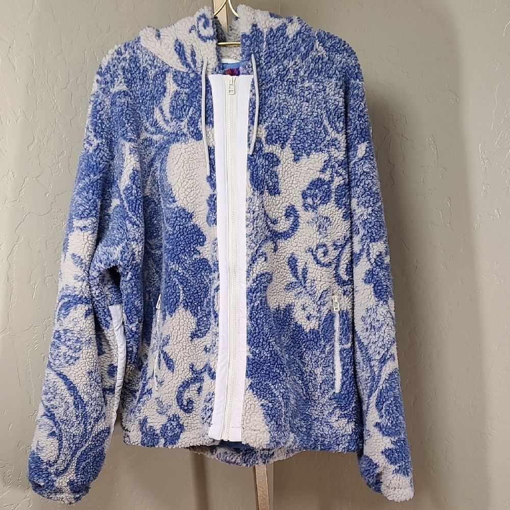 Urban Outfitters Sherpa Hoodie Jacket Floral Blue Cream Size Large